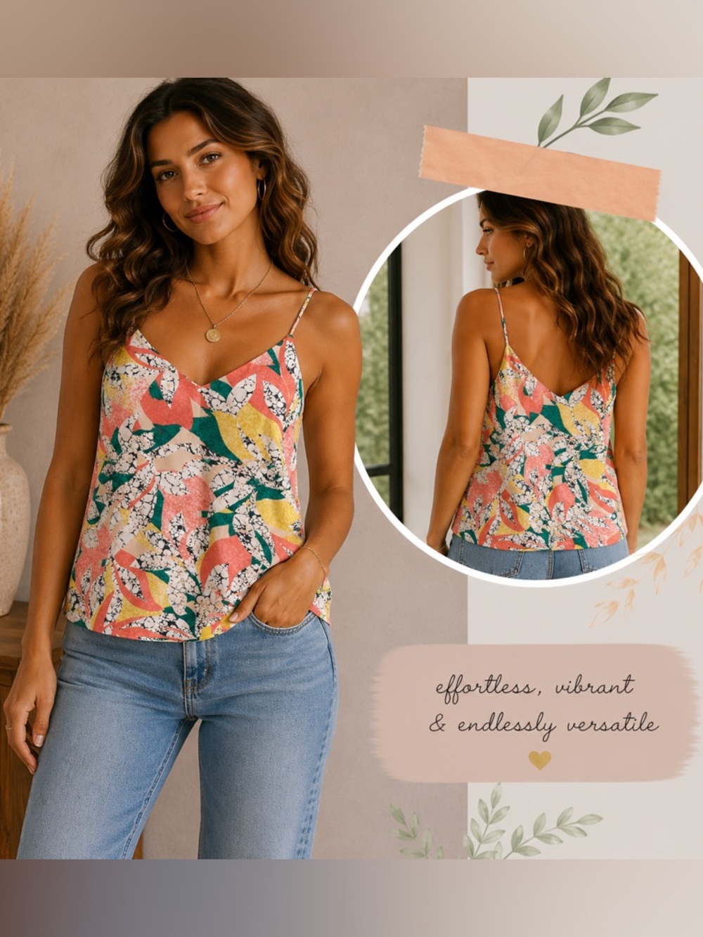 Nine West Coral & Yellow Abstract Floral V-Neck Cami